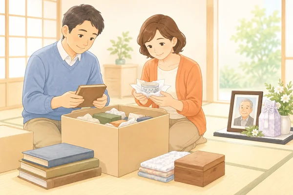 四十九日前に思い出の品を整理する家族のイラスト