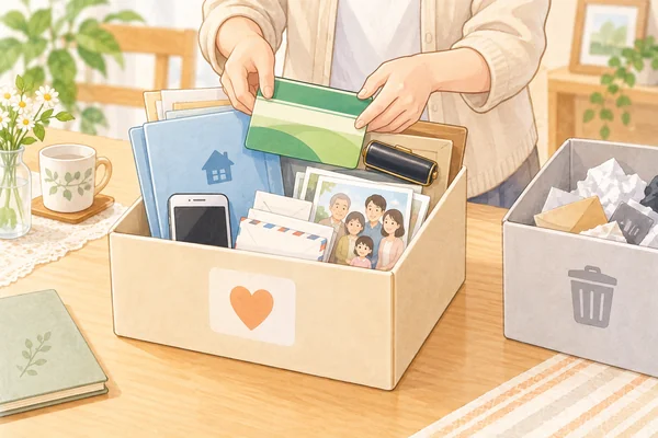 遺品整理で残す重要書類や写真を分けるイラスト