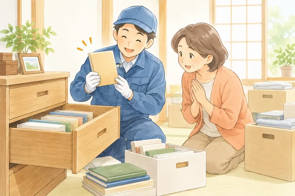 遺品整理スタッフが重要書類を探すイラスト