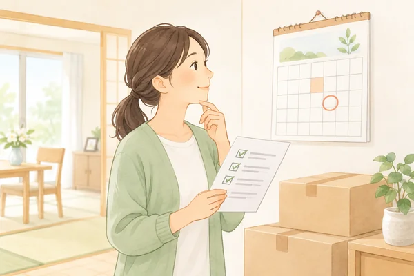 遺品整理を始める時期を確認する女性のイラスト