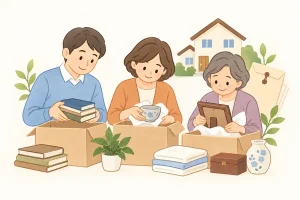 明るい背景で家族が遺品整理を進める様子