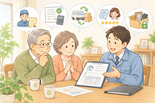 信頼できる遺品整理業者は、どう選べばよいですかを解説するイラスト