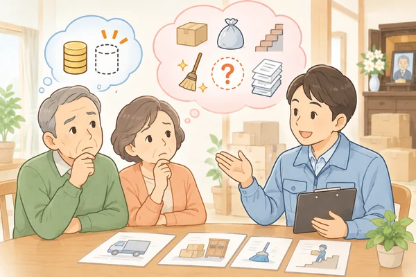 安すぎる遺品整理業者に注意した方がよいのはなぜですかを解説するイラスト