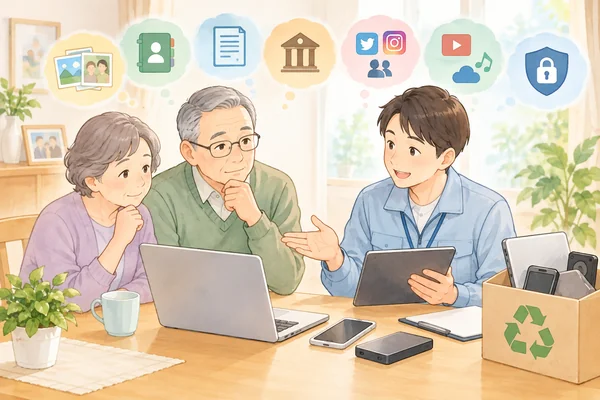 パソコンやスマートフォンなどのデジタル遺品は、どう整理すればよいですかを解説するイラスト