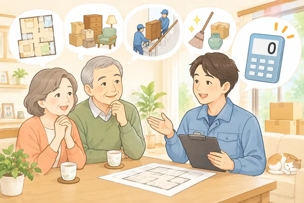 遺品整理や不用品回収の見積りは無料ですかを解説するイラスト
