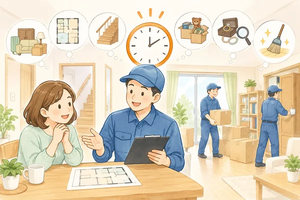 遺品整理や不用品回収の作業時間は、どのくらいですかを解説するイラスト