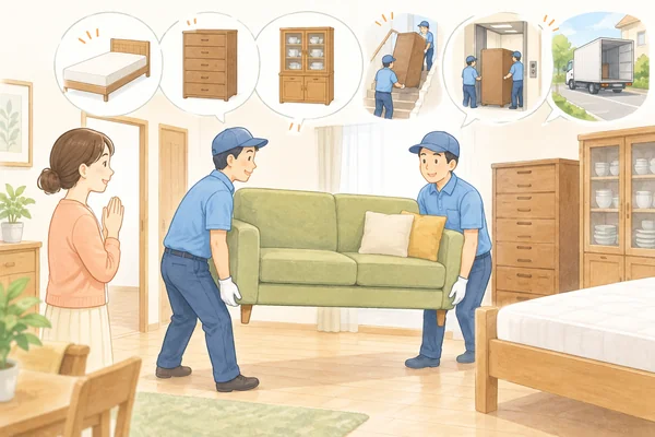 大型家具や重い家具も回収してもらえますかを解説するイラスト