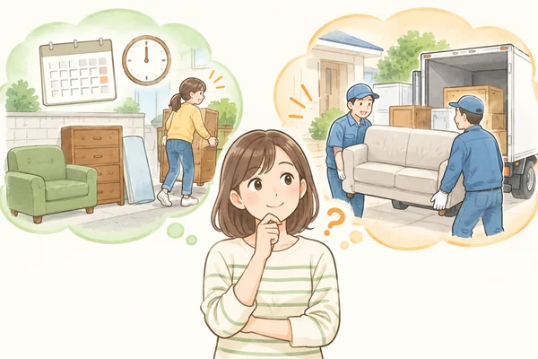 自治体の粗大ごみと不用品回収業者は、どう使い分ければよいですかを解説するイラスト