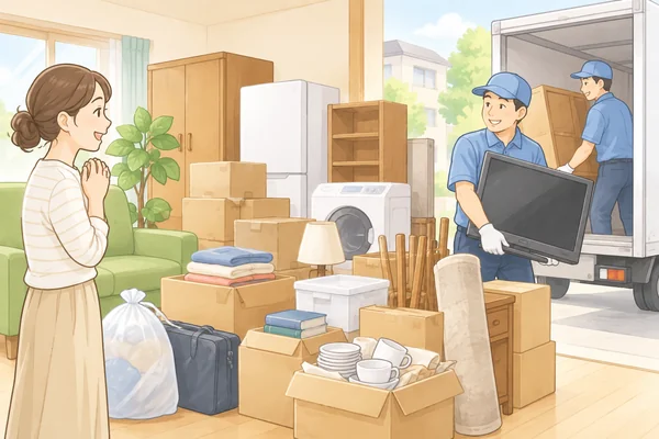 引っ越しで出た大量の不用品を、まとめて回収できますかを解説するイラスト