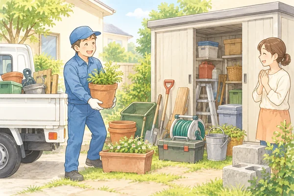 庭や物置にある不用品も回収できますかを解説するイラスト