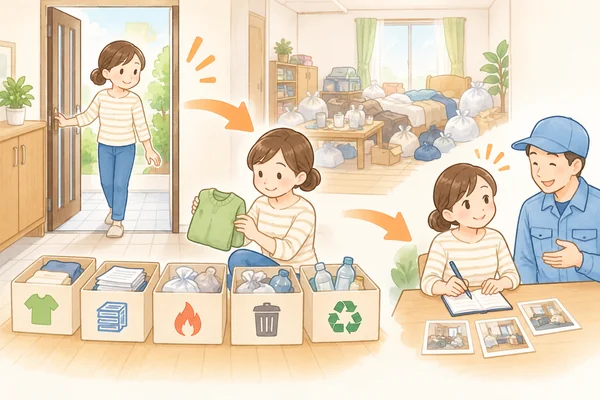 ゴミ屋敷の片付けは、どこから始めればよいですかを解説するイラスト