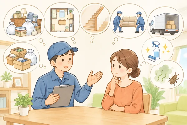 ゴミ屋敷の片付け費用は、何で決まりますかを解説するイラスト