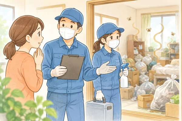 害虫や悪臭がある部屋でも、片付けを依頼できますかを解説するイラスト