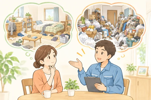 汚部屋とゴミ屋敷の違いは何ですかを解説するイラスト