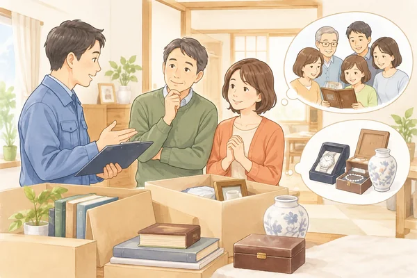 遺品整理に家族全員の立ち会いは必要ですかを解説するイラスト
