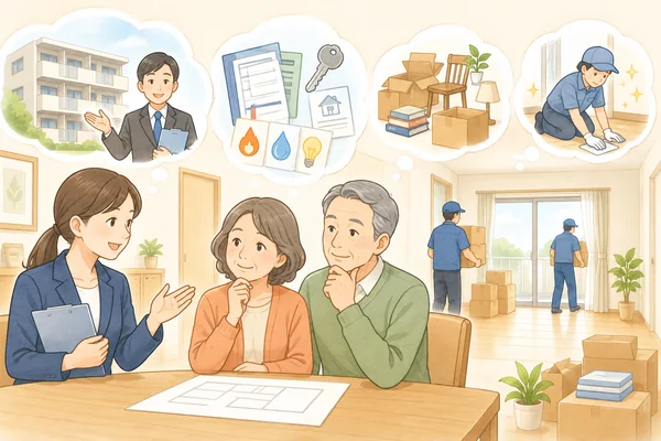 賃貸住宅の遺品整理は、退去までに何をすればよいですかを解説するイラスト