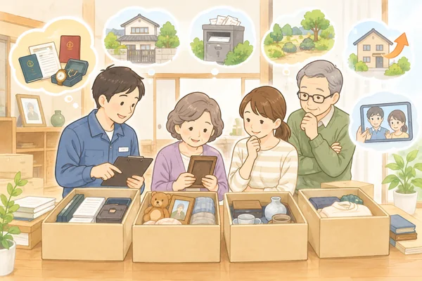 空き家になった実家の遺品整理は、どう進めればよいですかを解説するイラスト