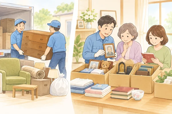 遺品整理と不用品回収は何が違うのですかを解説するイラスト