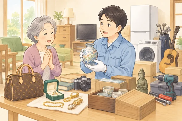 遺品の中で買い取れるものには、何がありますかを解説するイラスト