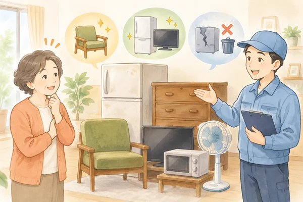 古い家具や家電でも、買い取ってもらえますかを解説するイラスト