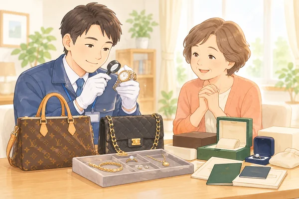 ブランド品や貴金属が見つかった場合、査定してもらえますかを解説するイラスト
