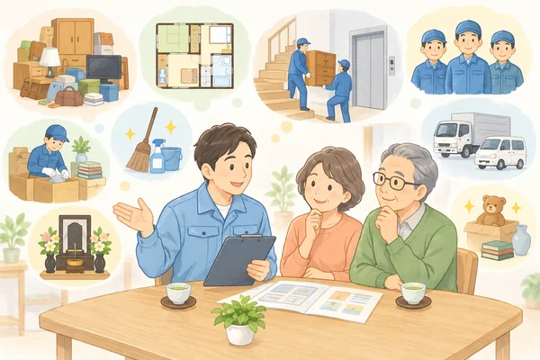 遺品整理の料金は、何によって決まりますかを解説するイラスト