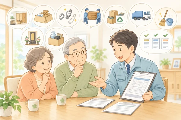 遺品整理の見積りで確認しておくべきポイントは何ですかを解説するイラスト