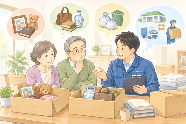 遺品整理の費用を安くする方法はありますかを解説するイラスト