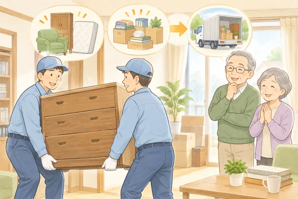 生前整理を業者に頼むメリットは何ですかを解説するイラスト